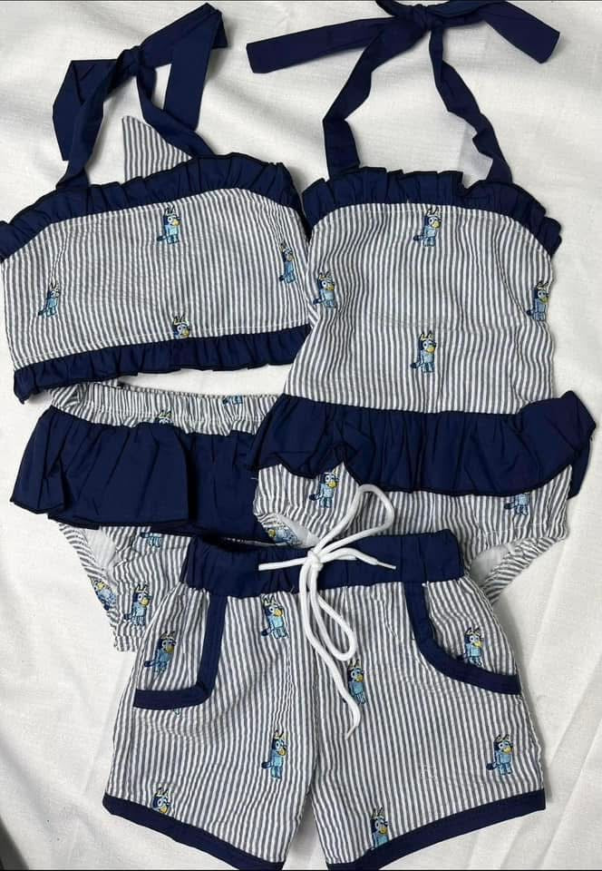 RTS - Seersucker Embroidered Blue Pup 1 Piece / 2T