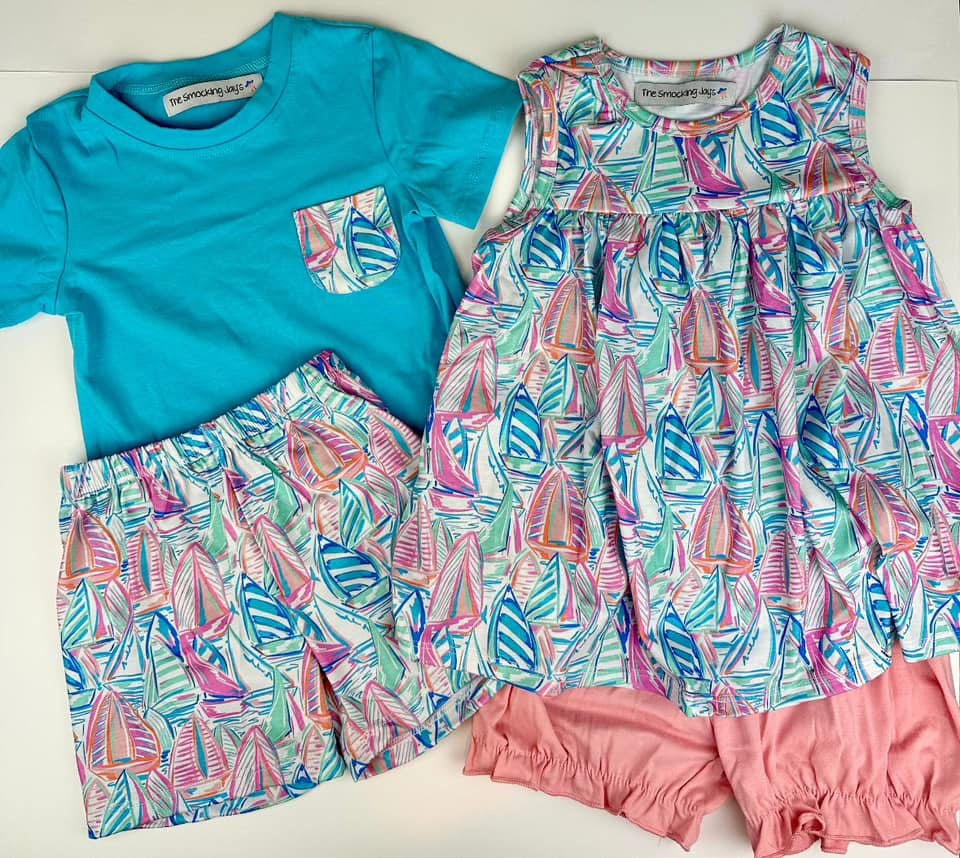 RTS - Blue Lilly Sailboat - 3T Girl Bloomer Set