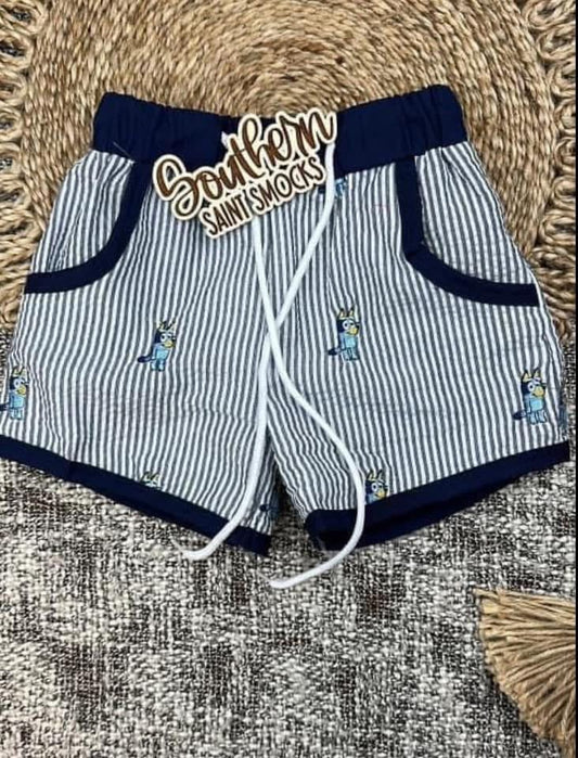 RTS - Seersucker Embroidered Blue Pup Trunks / 12/18M