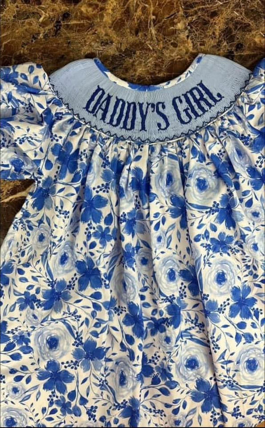 RTS - Blue Floral Smocked Daddy’s Girl Dress / 8