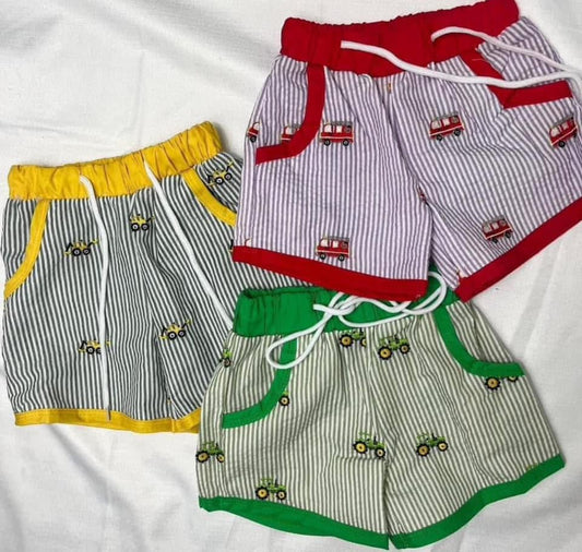RTS - Seersucker Embroidered Fire Truck Swim Trunks