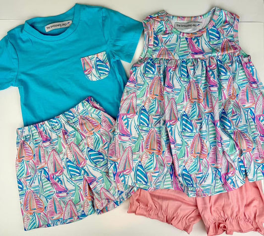 RTS - Blue Lilly Sailboat - 3T Girl Bloomer Set