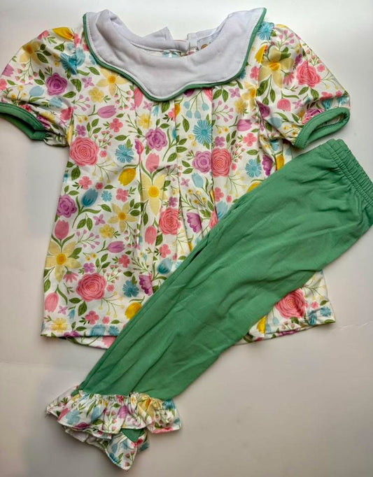 RTS - Mallie’s Green Floral Pants Set / 2T