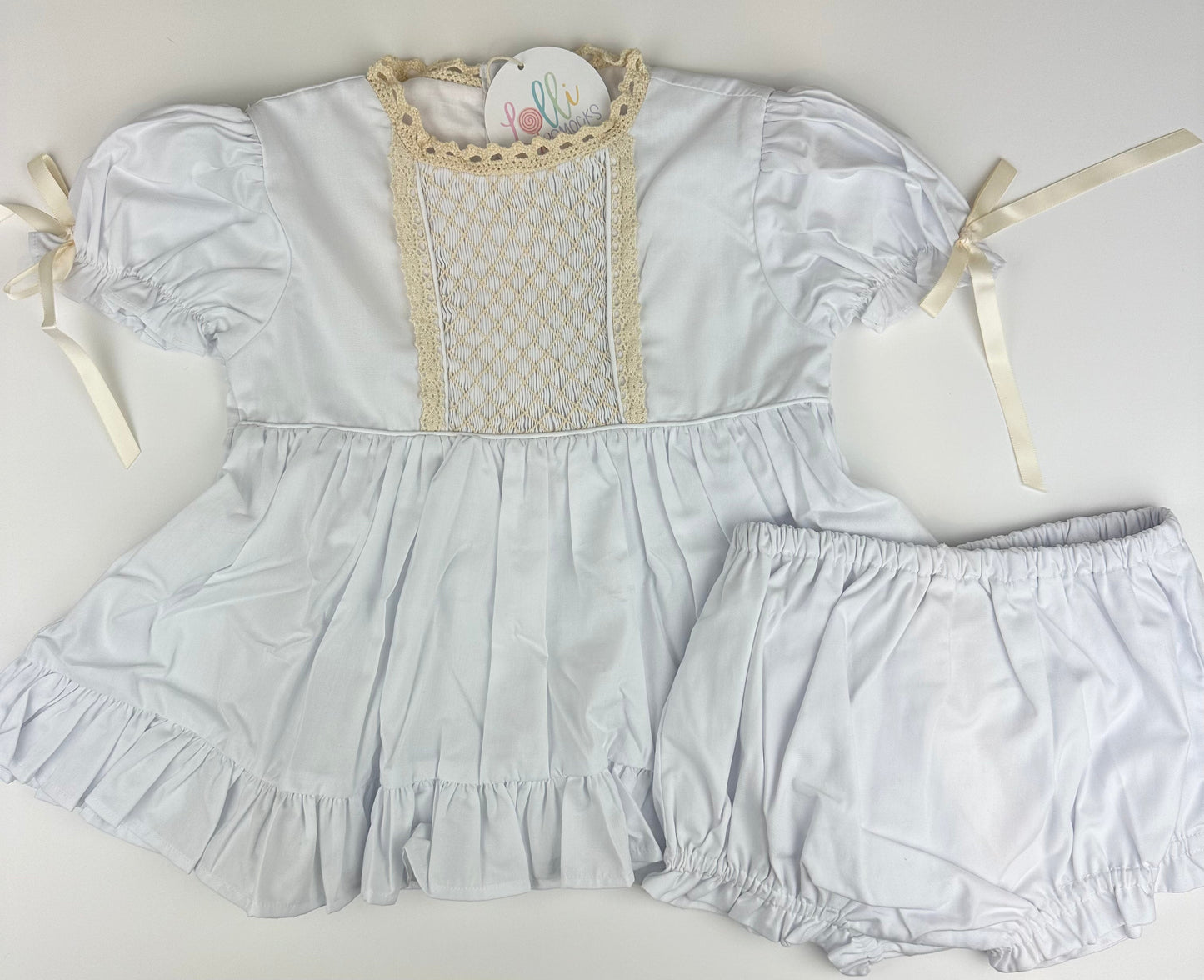 RTS - Smocked White Heirloom Girl Bloomer Set