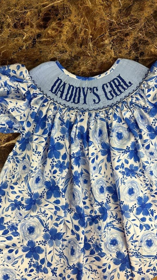 RTS - Blue Floral Daddy’s Girl Smocked Dress Size 8